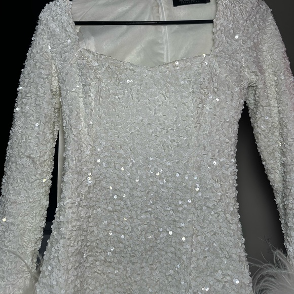 Long Sleeved Sequin Mini Dress w/ Feather Trim - Picture 3 of 12